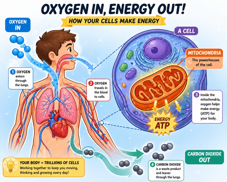 Diagram showing the entire process that takes place during respiration in living organisms.