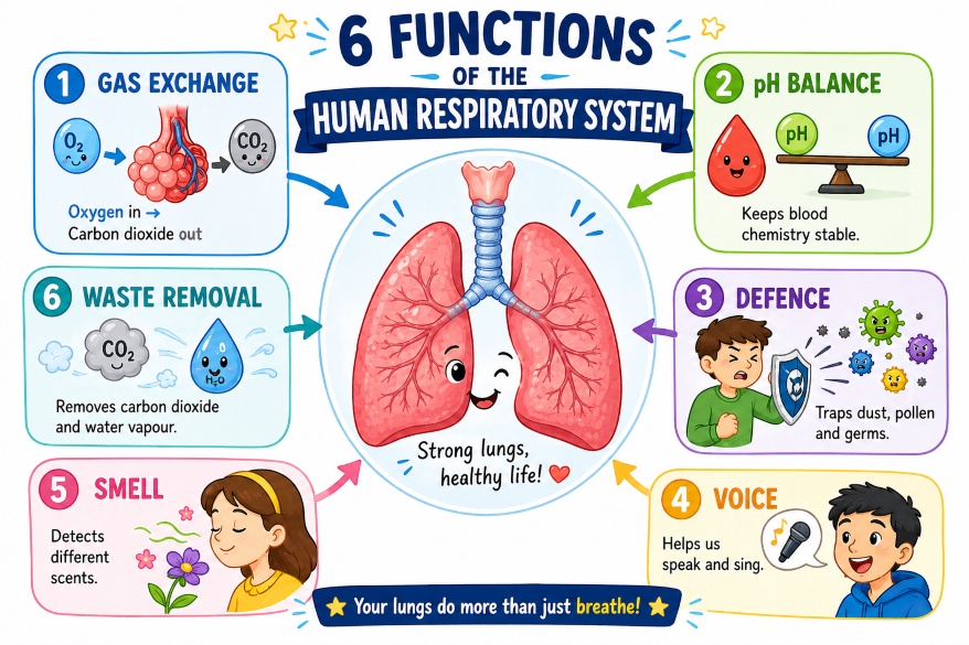 Colorful infographic showing six functions of the human respiratory system
