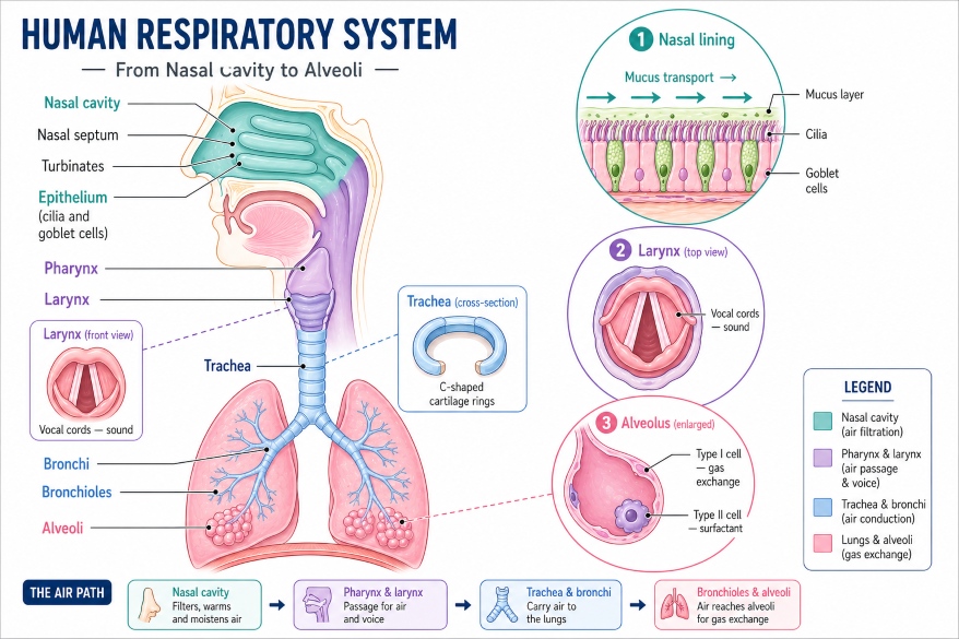 Labelled diagram of the parts of the human respiratory system — detailed anatomy for students.