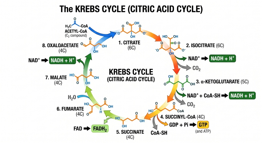 Krebs cycle explained through a circular flow showing the transformation of Citrate into Oxaloacetate
