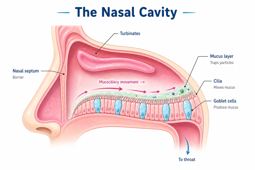 Nasal cavity anatomy — turbinates, cilia, and goblet cells as the first respiratory system component.