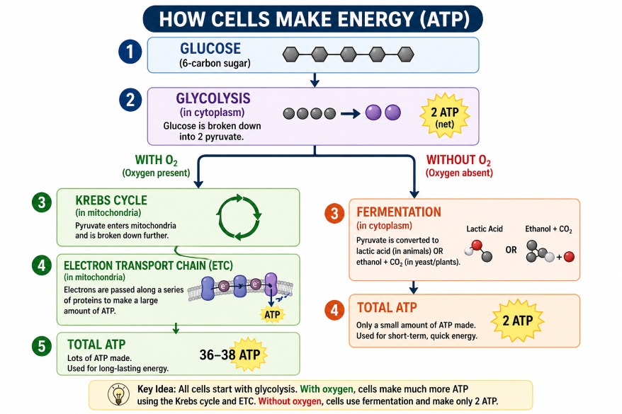 Flow diagram showing glucose breakdown through glycolysis and pathways in aerobic and anaerobic respiration.