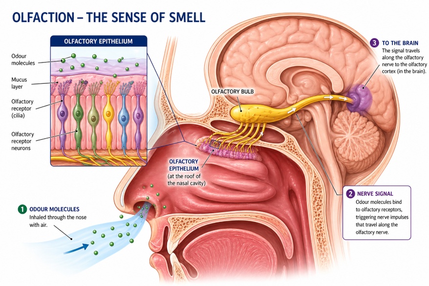 Landscape diagram of the nasal cavity showing the olfactory epithelium, where odour molecules bind to receptors and trigger nerve signals to the brain.