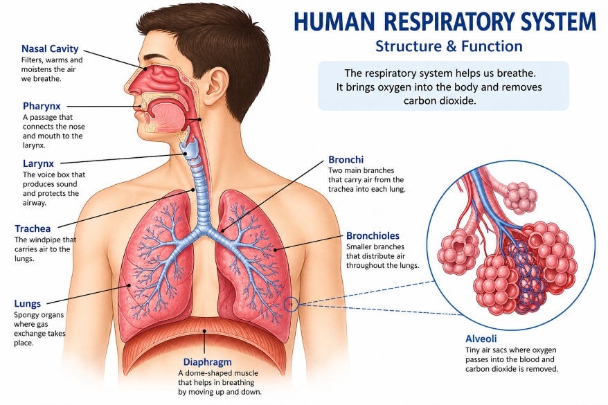 Human respiratory system diagram showing all major parts for students