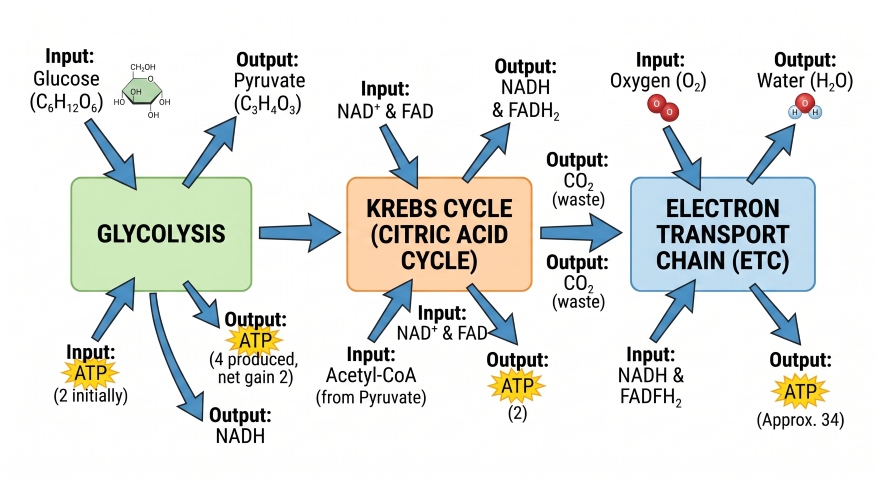 Krebs cycle explained via a three-stage flowchart showing molecular flow from glucose to final ATP production.