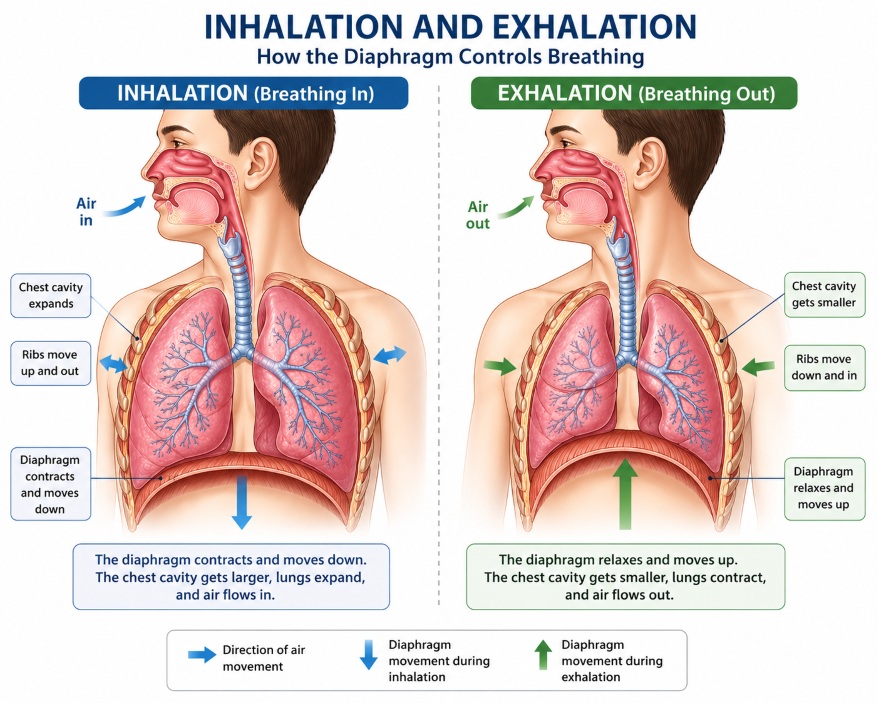 Human respiratory system inhalation and exhalation showing diaphragm movement