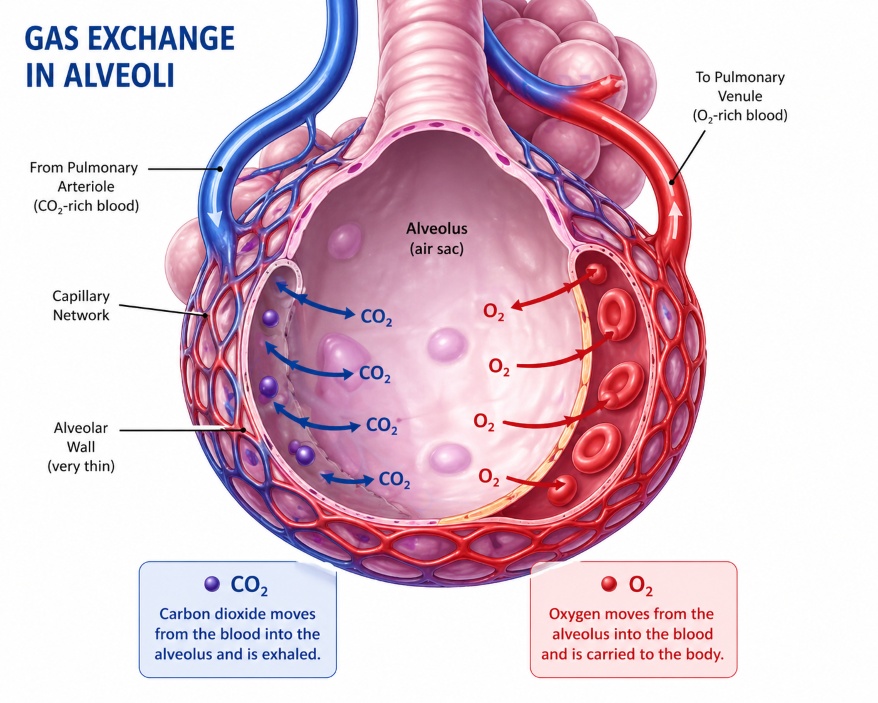 Human respiratory system gas exchange in alveoli showing oxygen and carbon dioxide movement