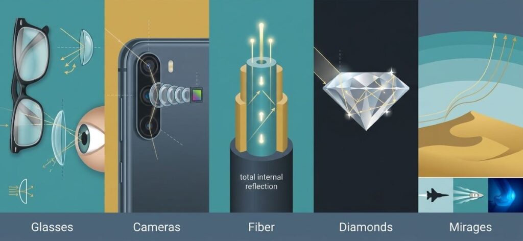 Infographic panels showing eyeglasses, smartphone camera lenses, fiber‑optic cable, diamond reflections, and a mirage — illustrating real‑life applications of Snell’s Law