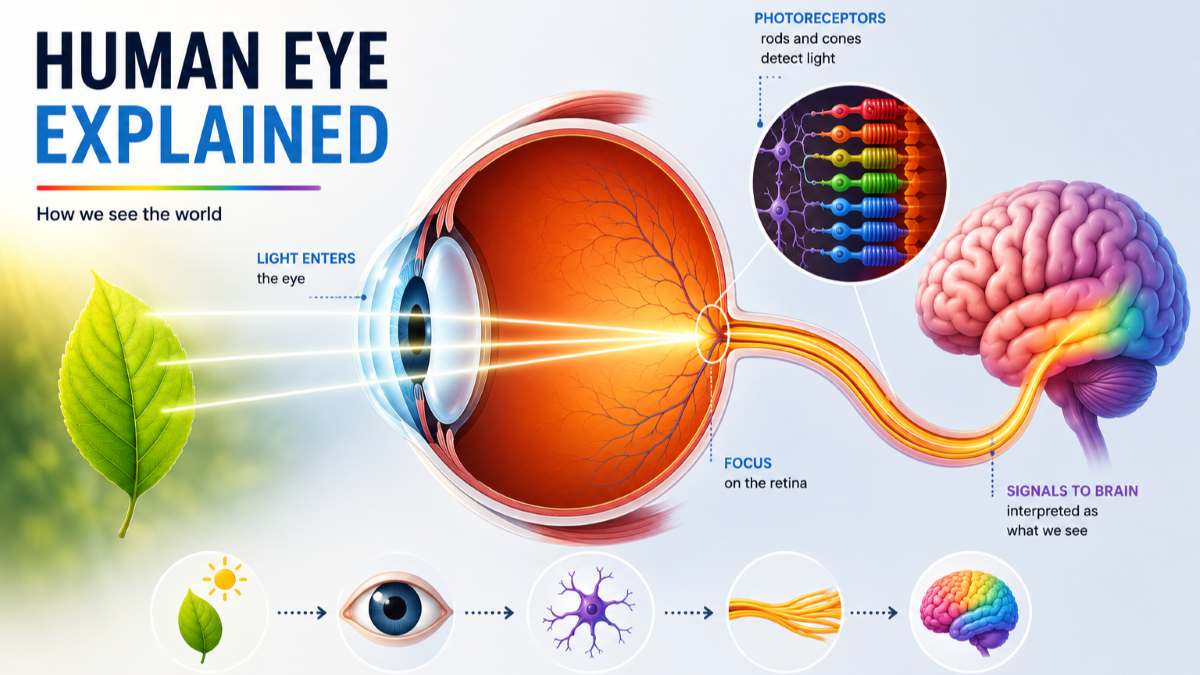 Human eye anatomy showing light entering the eye, focusing on the retina, photoreceptors (rods and cones), cone types for color detection, and neural signals sent to the brain and how human eye works.