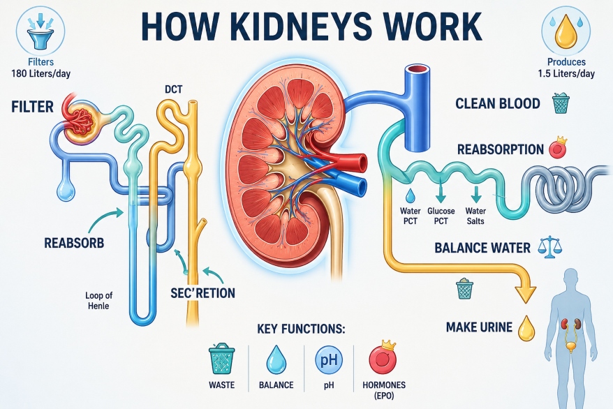 Human kidney infographic showing structure and function