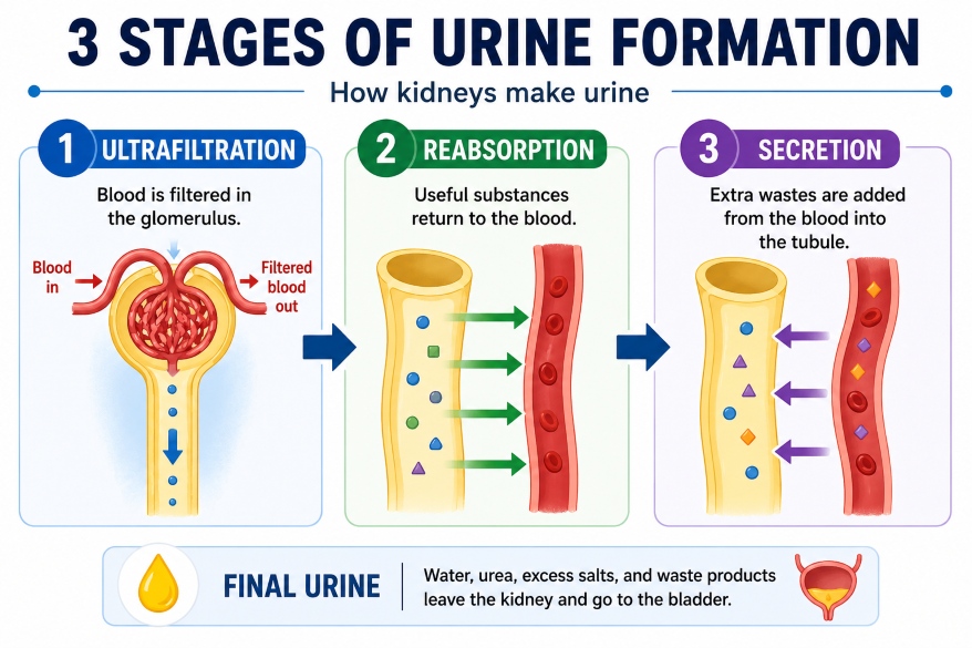 Illustration showing three stages in the Kidney filtration process