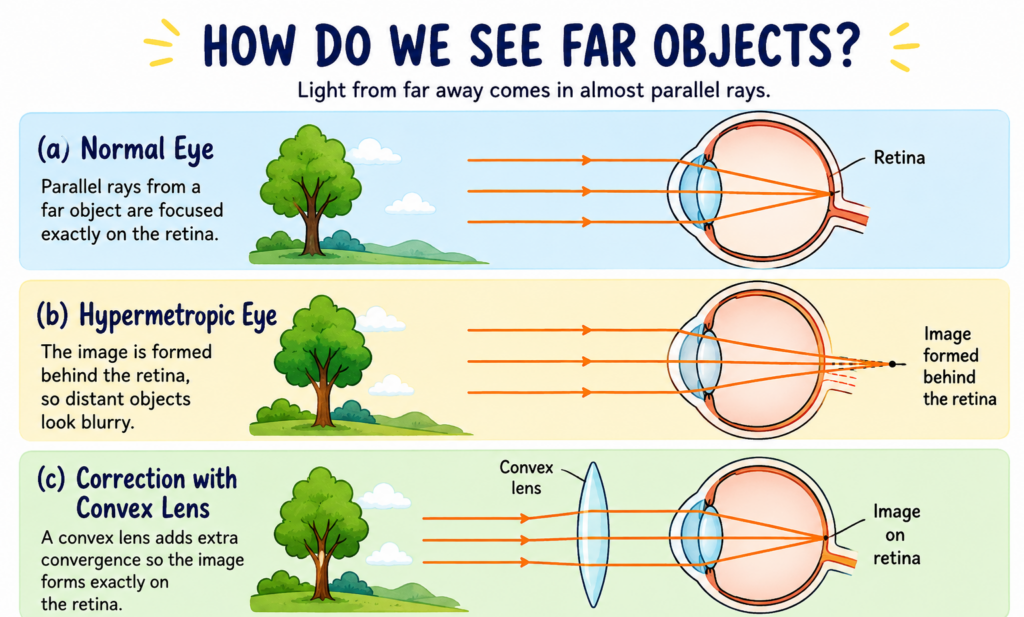 Three-panel line-art infographic showing (a) faraway objects focused on the retina, (b) hypermetropic eye with focal point behind the retina, and (c) correction using a convex lens that shifts focus onto the retina. Labels: Eye lens, Retina, Convex lens. Captions under panels: (a) Faraway objects can be seen clearly; (b) Hypermetropic eye; (c) Correction of farsightedness eve."