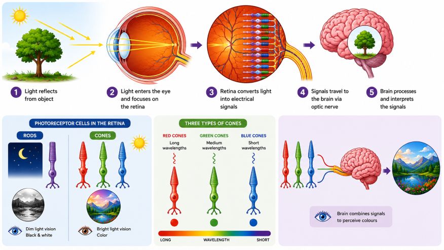 How human eye works illustration by how light is detected by the eye, retina photoreceptors (rods and cones), color cones, and signals sent to the brain.