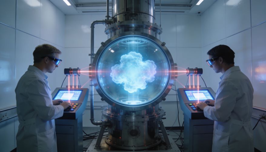 Scientists studying Bose–Einstein condensate using lasers and vacuum chamber in advanced laboratory