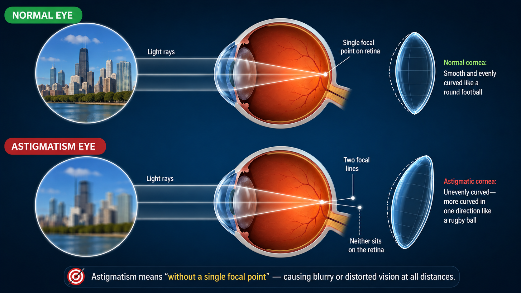 Comparison diagram of a normal eye versus an astigmatism eye showing how an irregularly curved cornea creates two focal lines instead of a single focal point on the retina.