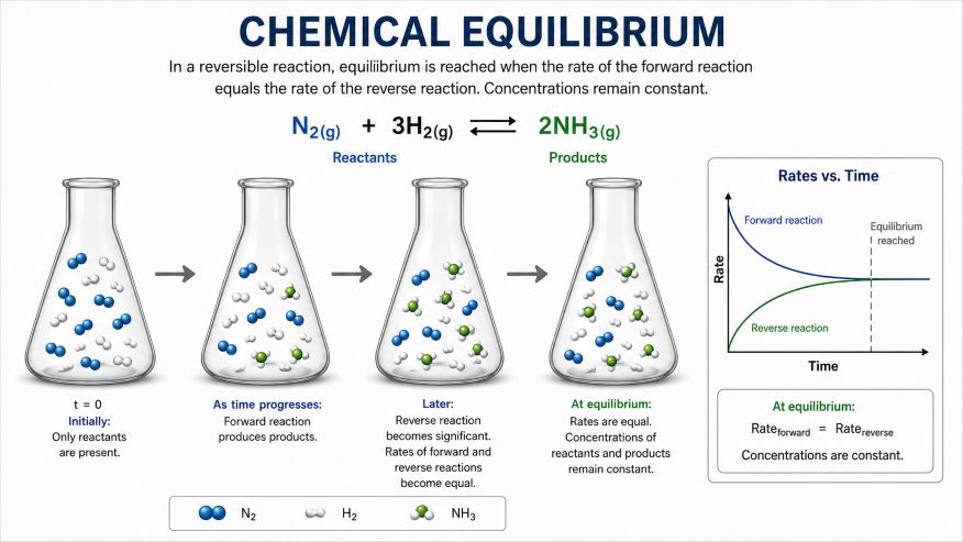 Illustration explaining what is chemical equilibrium, showing a reversible chemical reaction reaching equilibrium as forward and reverse reaction rates become equal.