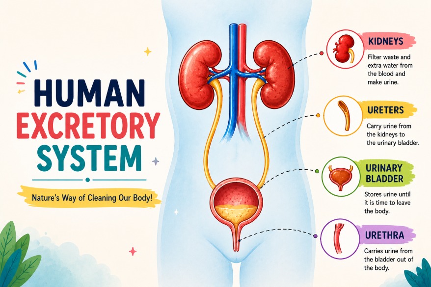 Illustration of the human excretory system showing the kidneys, ureters, urinary bladder, and urethra
