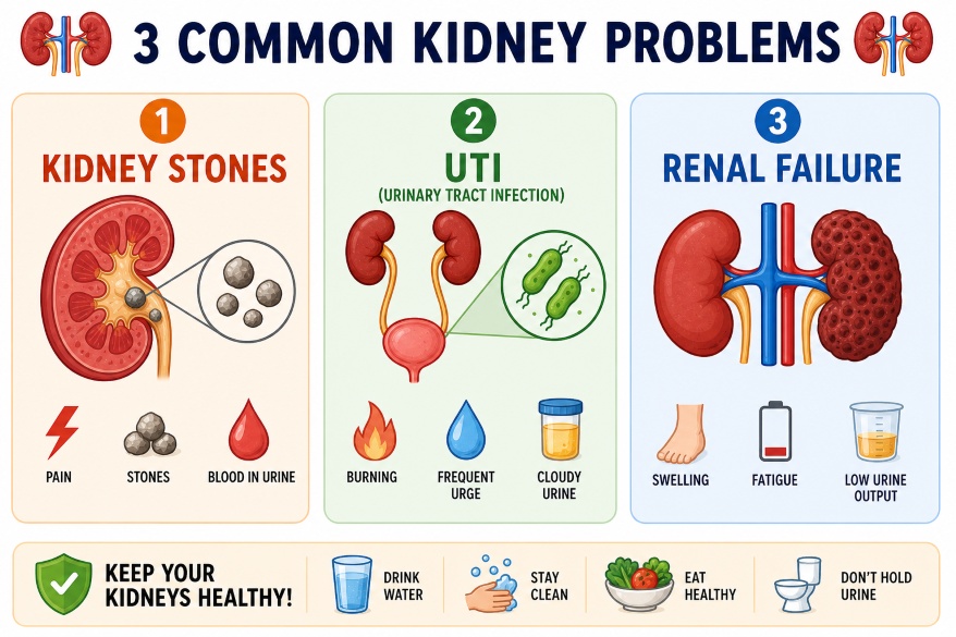 Educational illustration showing common kidney disorders such as kidney stones, kidney infection, and kidney failure