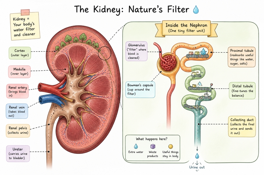 Colorful, cartoon-style kidney and nephron diagram showing how the body filters blood like a mini cleaning system.