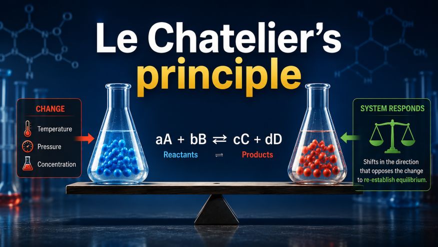 image illustrating What is Le Chatelier's Principle with a chemical equilibrium reaction, balanced flasks, and diagrams showing how systems respond to changes in temperature, pressure, and concentration.