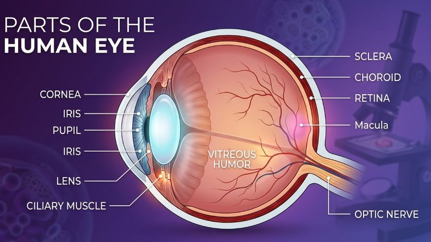 An anatomical cross-section diagram titled 'Parts of the Human Eye Explained' detailing labeled structures including the cornea, lens, retina, optic nerve, and vitreous humor.