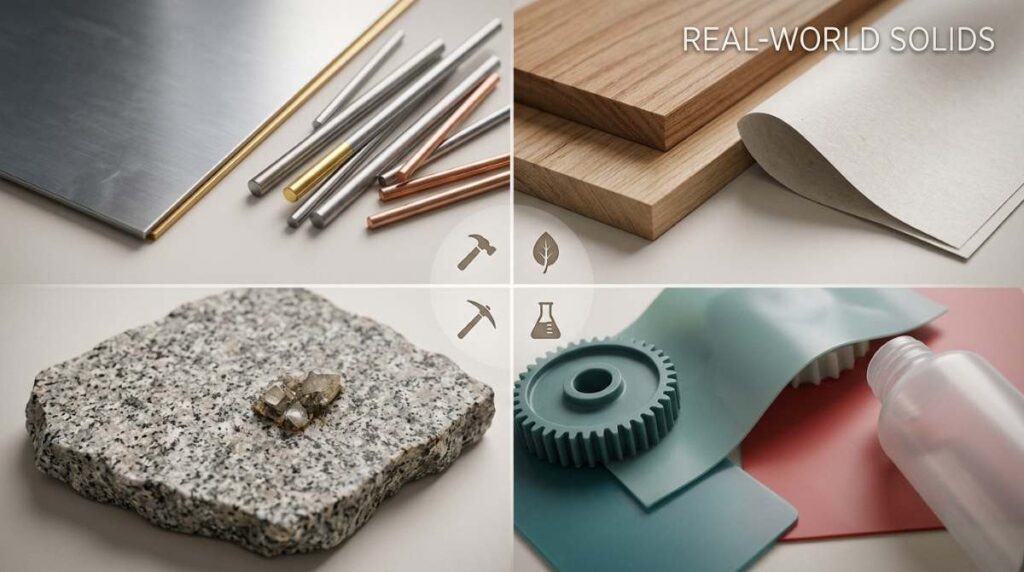 Collage showing examples of solid in state of matter: metal sheet and rods, wood planks and paper, granite rock with minerals, and assorted plastic objects; labeled “Real‑World Solids.”