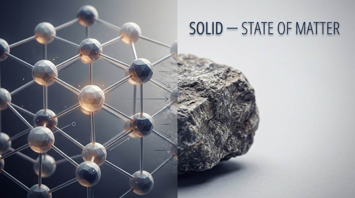Split-scene feature image showing a crystalline atomic lattice transitioning to a textured solid object (rock/metal cube), labeled “SOLID — STATE OF MATTER”
