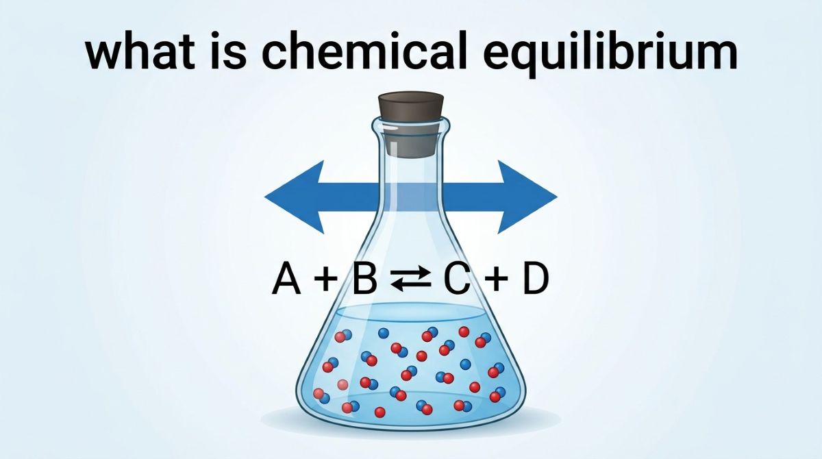 An educational vector diagram titled What is Chemical Equilibrium featuring a closed Erlenmeyer flask filled with a dynamic mixture of red and blue molecules, a reversible reaction equation, and a double-headed equilibrium arrow.