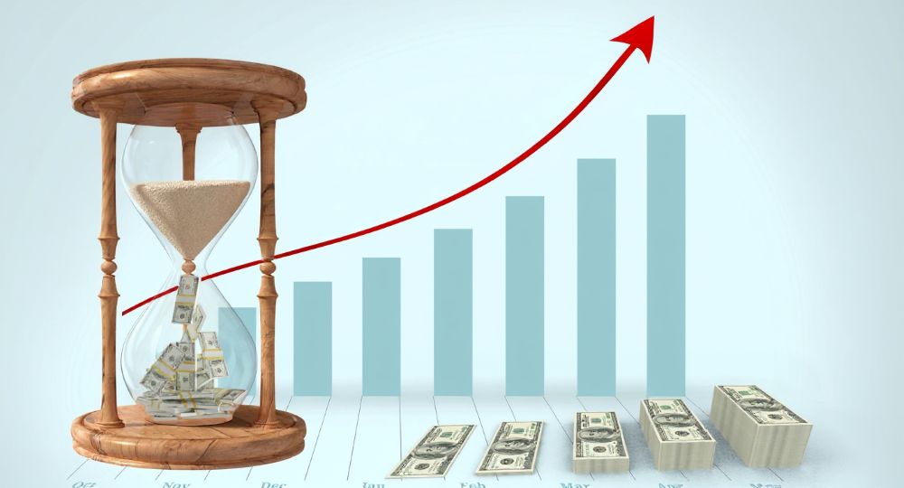 A wooden hourglass and infographic-style chart showing Euler’s number e used to calculate compound interest, with a rising red arrow and money stacks — irrational numbers examples for students.