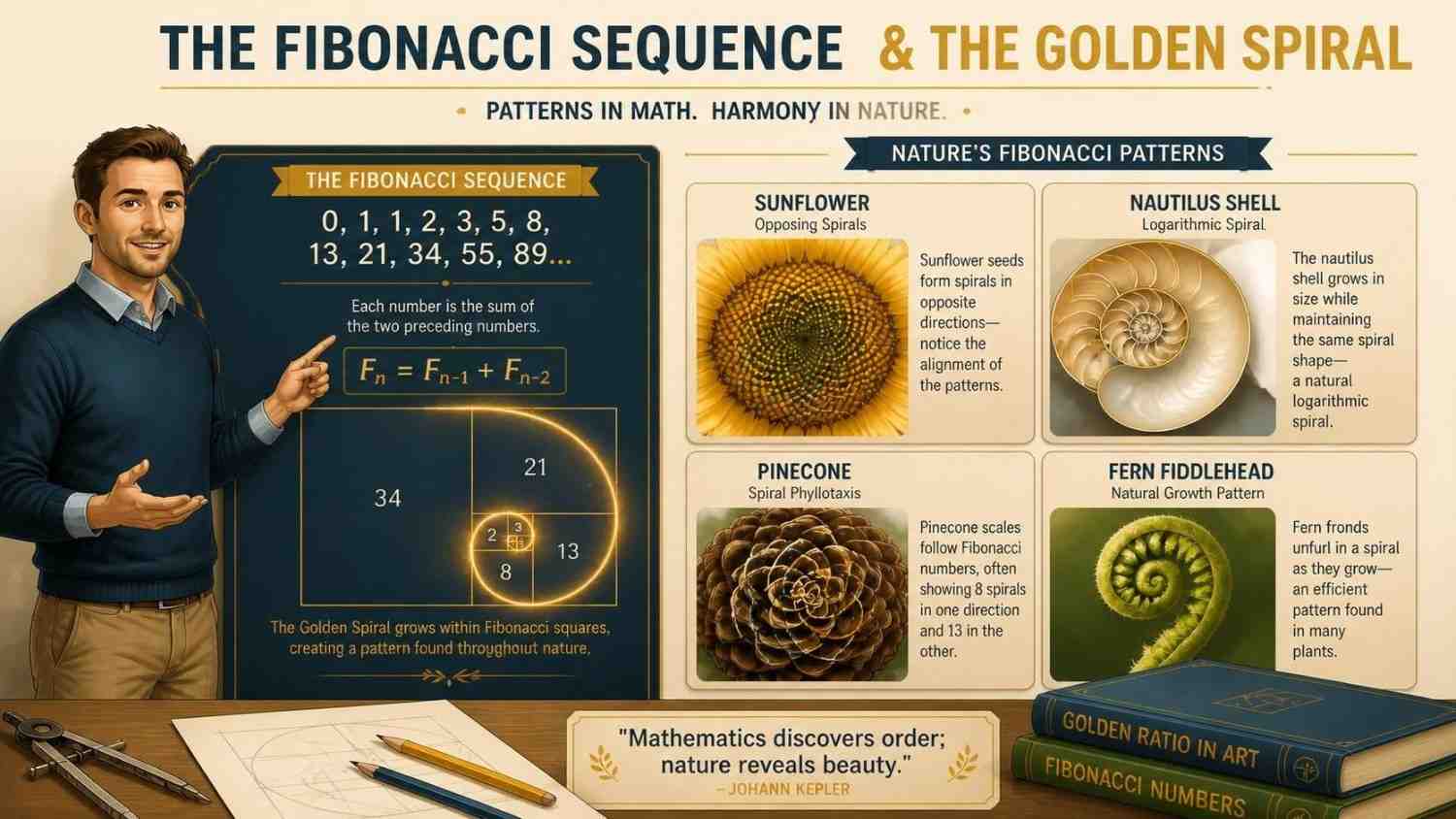 Irrational numbers examples for students infographic showing Fibonacci sequence and golden spiral patterns in nature, with visual charts and labeled examples.