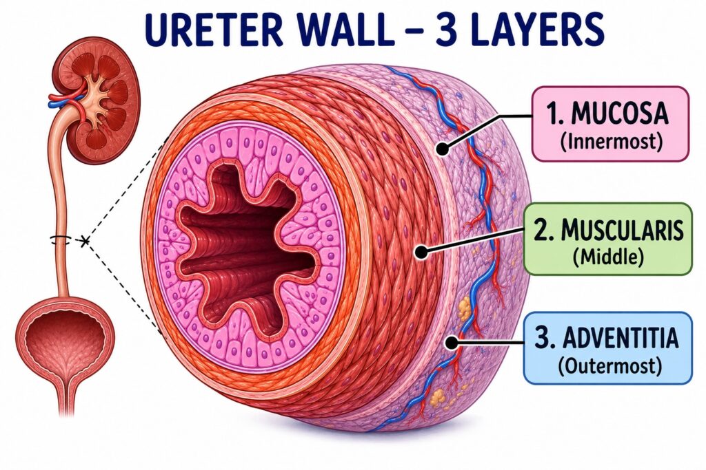Cross-sectional diagram of the ureter wall: Function of Ureters.