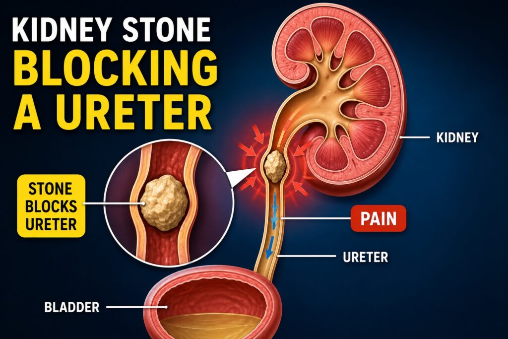 Illustration of a kidney stone blocking the ureter