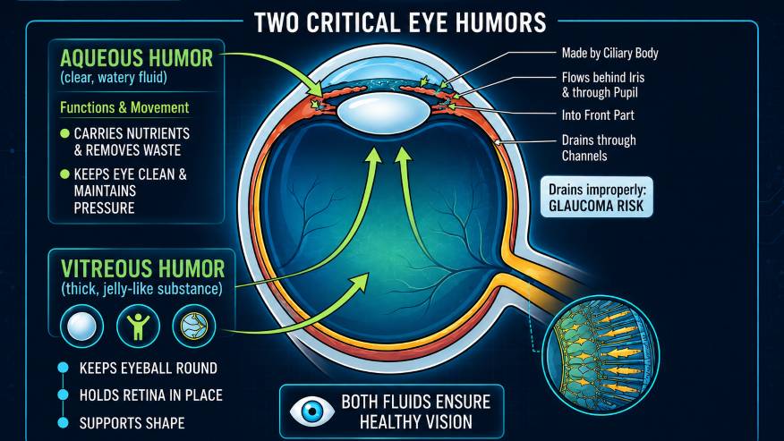 An educational medical infographic detailing the parts of human eye explained, specifically focusing on the locations, paths, and functions of the aqueous humor and vitreous humor inside a detailed diagram of the eye.
