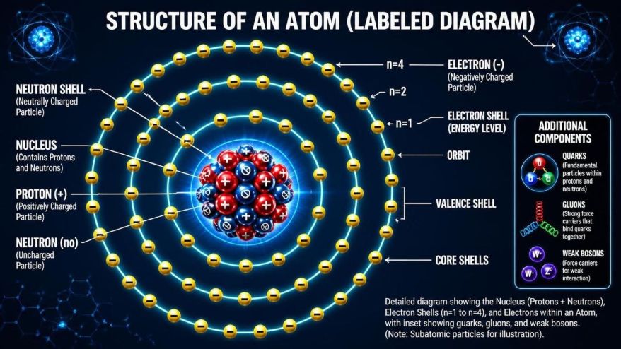 structure of an atom - labelled diagram